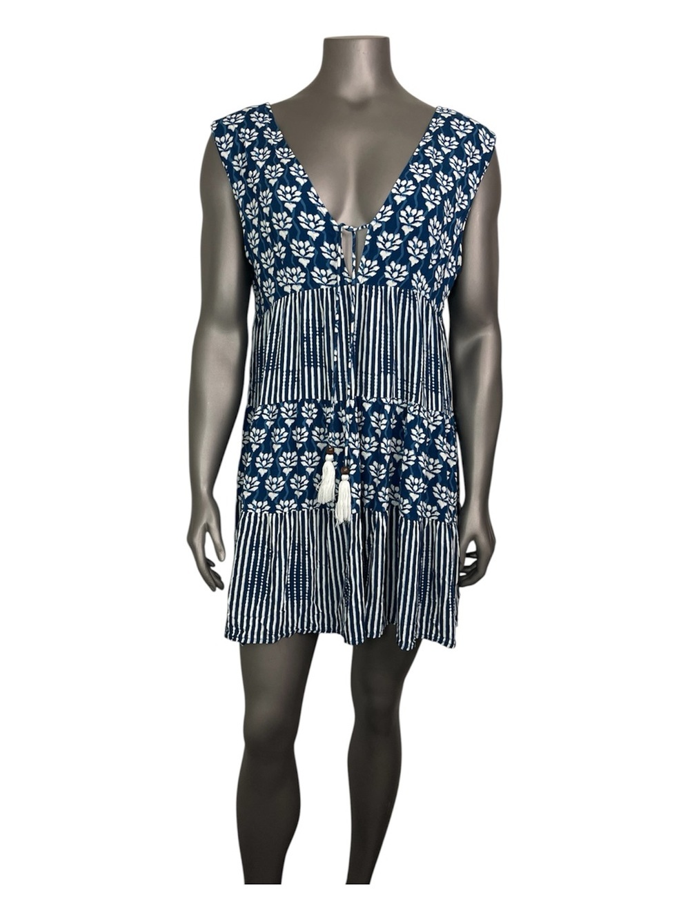 Goa Beachwear Japna Cover Up L Blue White Floral Striped Pullover Tassels Boho